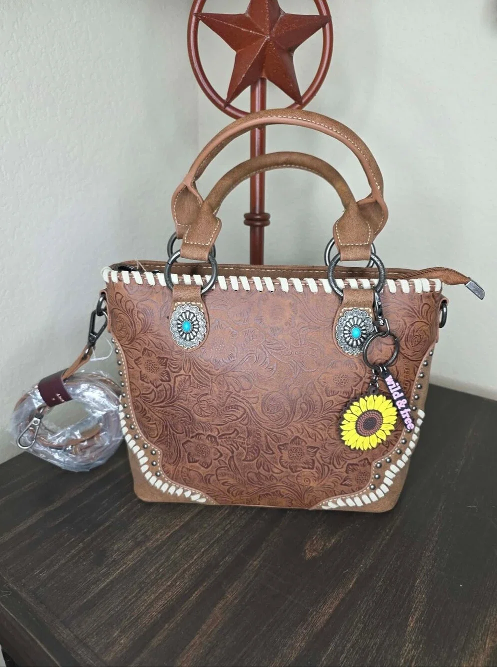 Montana West Sunflower Accent Tooled Faux Leather Satchel - Brown
